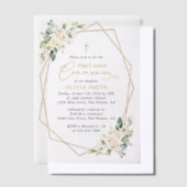 Cream White Flowers, Boho, First Holy Communion Vellum Uitnodigingen (Offset)