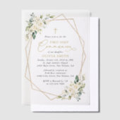 Cream White Flowers, Boho, First Holy Communion Vellum Uitnodigingen (Offset)