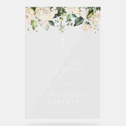 Cream White Flowers, Boho, Floral Baptism Welcome Acryl Bord (Voorkant)
