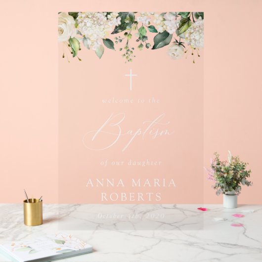 Cream White Flowers, Boho, Floral Baptism Welcome Acryl Bord (Huwelijk)