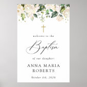 Cream White Flowers, Boho, Floral Baptism Welcome Poster (Voorkant)
