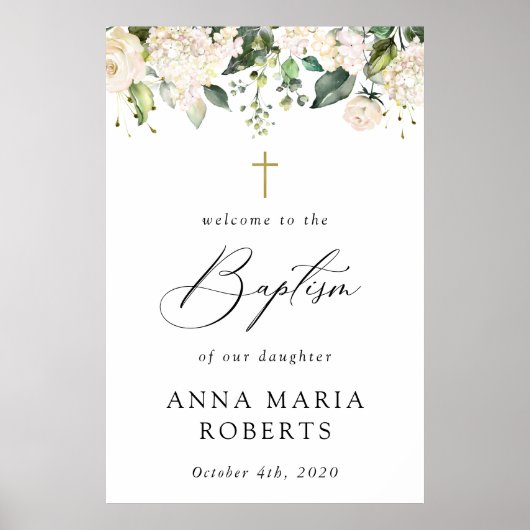 Cream White Flowers, Boho, Floral Baptism Welcome Poster (Voorkant)