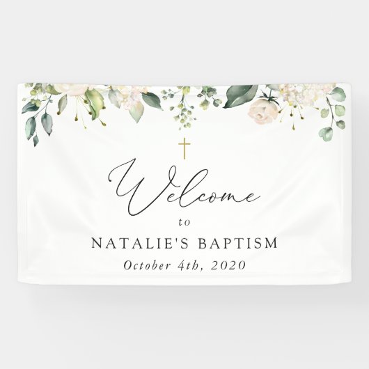 Cream White Flowers, Boho, Floral Baptism Welcome Spandoek (Horizontaal)