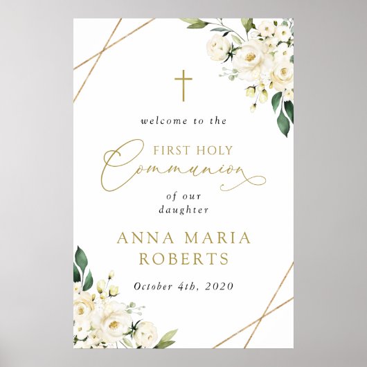 Cream White Flowers, First Holy Communion Welcome Poster (Voorkant)