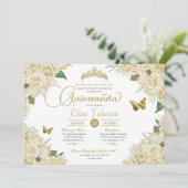 Cream White Gold Roos Floral Butterfly Quinceanera Kaart (Staand voorkant)