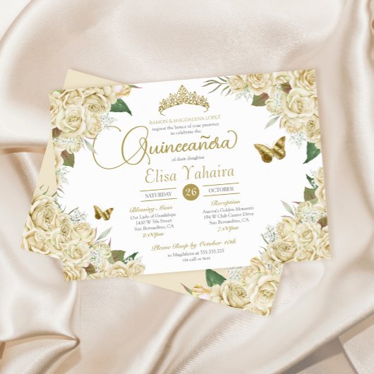 Cream White Gold Roos Floral Butterfly Quinceanera Kaart