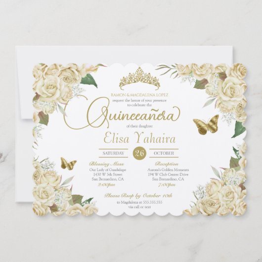 Cream White Gold Roos Floral Butterfly Quinceanera Kaart (Voorkant)