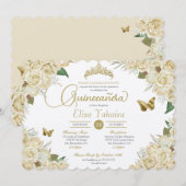 Cream White Gold Roos Floral Butterfly Quinceanera Kaart (Voorkant / Achterkant)