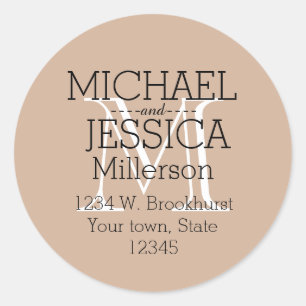 Cream White Monogram Gepersonaliseerd adres Ronde Sticker