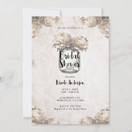 Cream White Peony Mason Jar Rustiek Vrijgezellenfe Kaart (Voorkant)