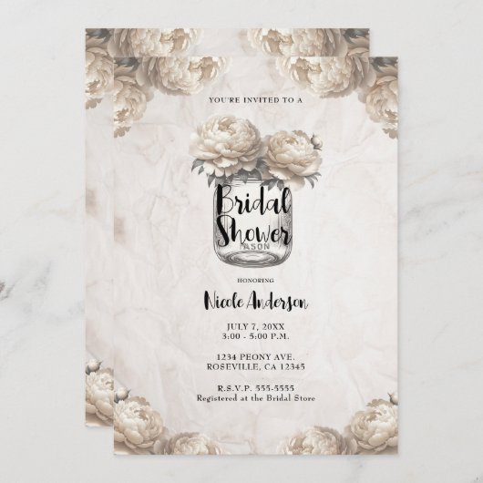 Cream White Peony Mason Jar Rustiek Vrijgezellenfe Kaart (Voorkant / Achterkant)