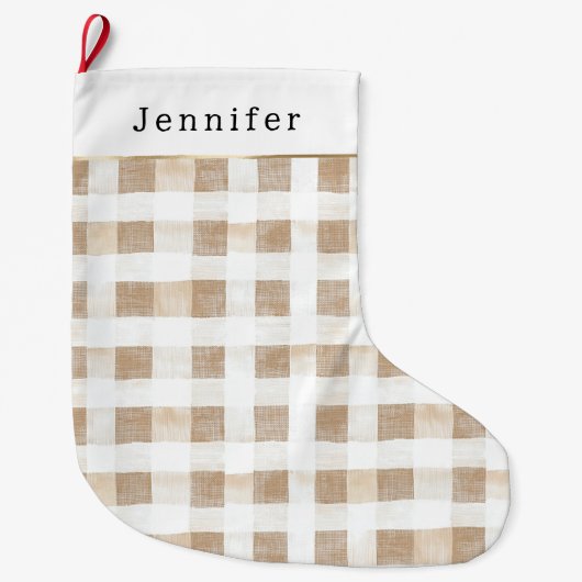Cream White Plaid Stripes Christmas Grote Kerstsok (Voorkant)