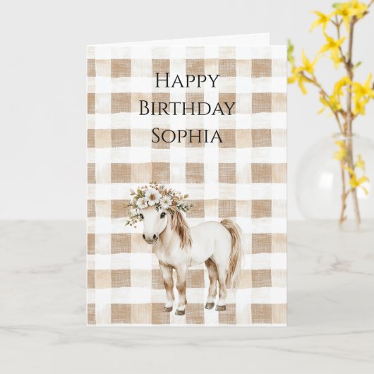 Cream White Plaid Stripes Floral Horse Birthday Kaart (Gele Bloem)