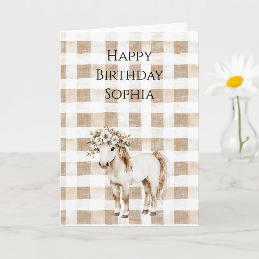 Cream White Plaid Stripes Floral Horse Birthday Kaart (Kleine Plant)