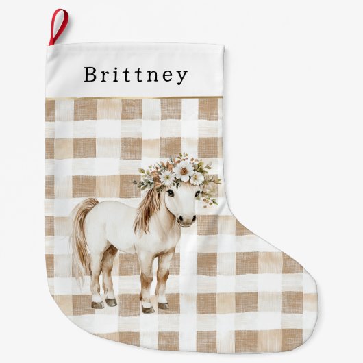 Cream White Plaid Stripes Floral Horse Christmas Grote Kerstsok (Voorkant)