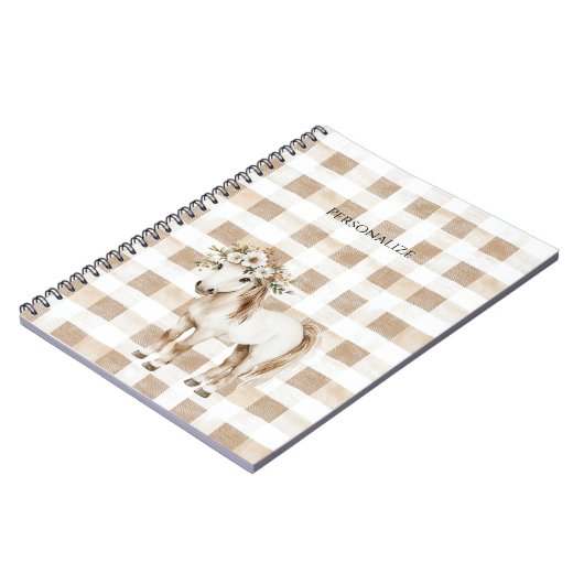Cream White Plaid Stripes Floral Horse Notitieboek (Linkerzijde)