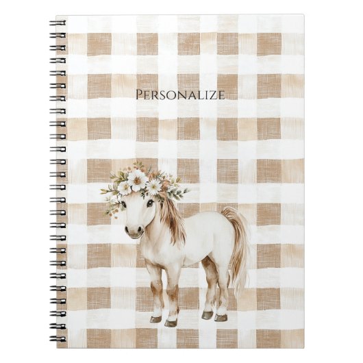 Cream White Plaid Stripes Floral Horse Notitieboek (Voorkant)
