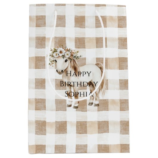 Cream White Plaid Stripes Horse Birthday Medium Cadeauzakje (Voorkant)