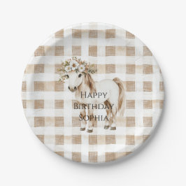 Cream White Plaid Stripes Horse Birthday Papieren Bordje
