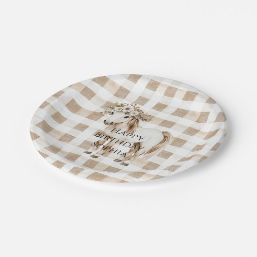 Cream White Plaid Stripes Horse Birthday Papieren Bordje (Gekanteld)