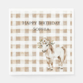Cream White Plaid Stripes Horse Birthday Servet