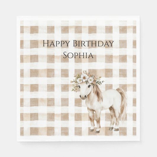 Cream White Plaid Stripes Horse Birthday Servet (Voorkant)