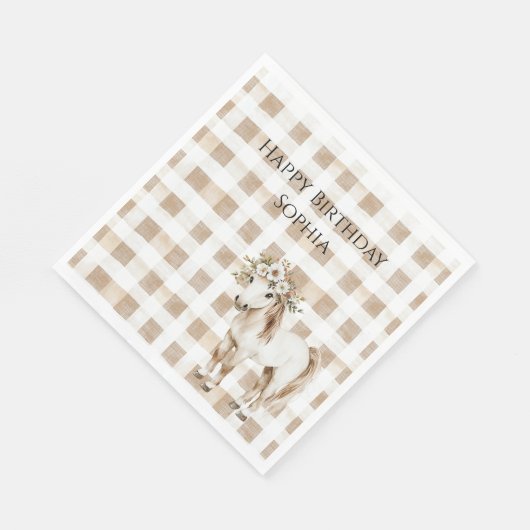 Cream White Plaid Stripes Horse Birthday Servet (Hoek)