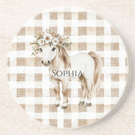 Cream White Plaid Stripes Horse Birthday Zandsteen Onderzetter