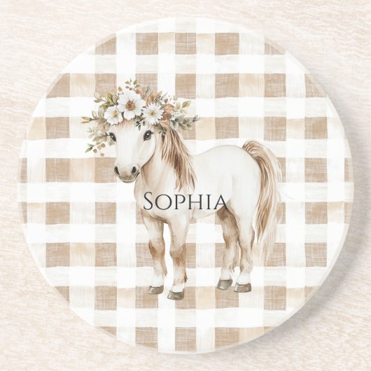 Cream White Plaid Stripes Horse Birthday Zandsteen Onderzetter (Voorkant)