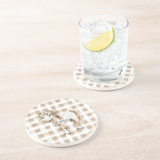 Cream White Plaid Stripes Horse Birthday Zandsteen Onderzetter (Zijkant)