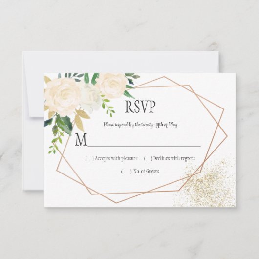 Cream White Roses Glitter Greenery Geometric RSVP (Voorkant)