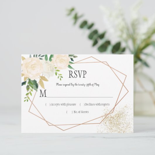 Cream White Roses Glitter Greenery Geometric RSVP (Staand voorkant)