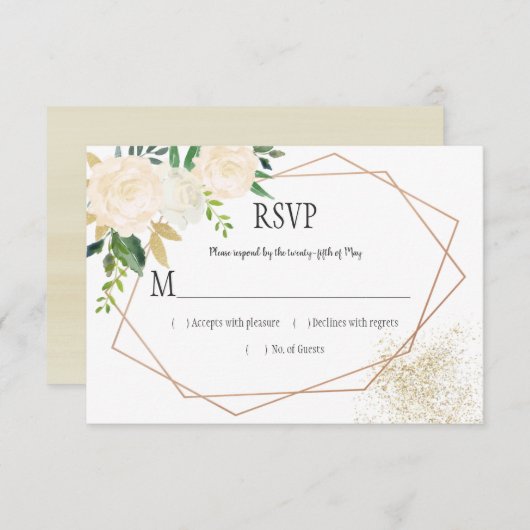 Cream White Roses Glitter Greenery Geometric RSVP (Voorkant / Achterkant)