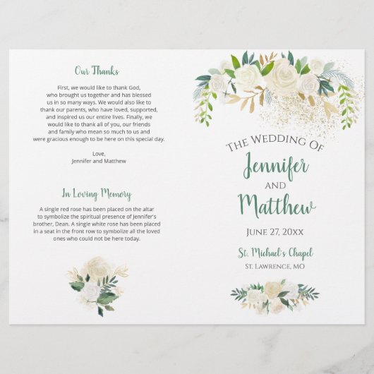 Cream White Roses Gold Glitter Wedding Programme (Voorkant)