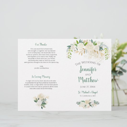 Cream White Roses Gold Glitter Wedding Programme (Staand voorkant)