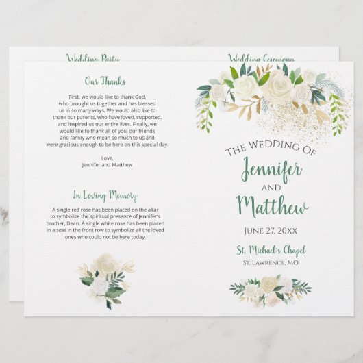 Cream White Roses Gold Glitter Wedding Programme (Voorkant / Achterkant)