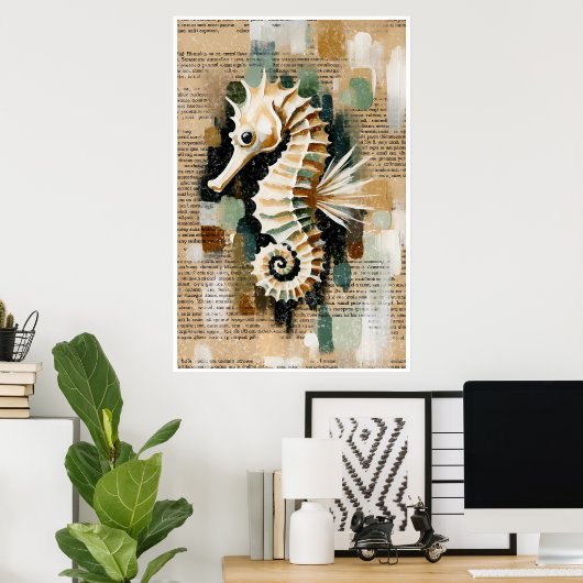 Cream & White Seahorse Abstract Poster (Thuiskantoor)