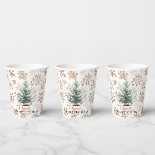 Cream White Snowflakes Christmas Tree Papieren Bekers (Multi)