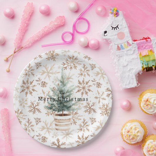 Cream White Snowflakes Christmas Tree  Papieren Bordje (Feest)