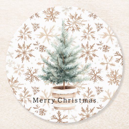 Cream White Snowflakes Christmas Tree  Ronde Kartonnen Onderzetter (Voorkant)