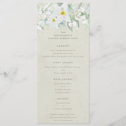 Cream White Spring Florals Flat 4 gangen Pasen Menu (Voorkant)