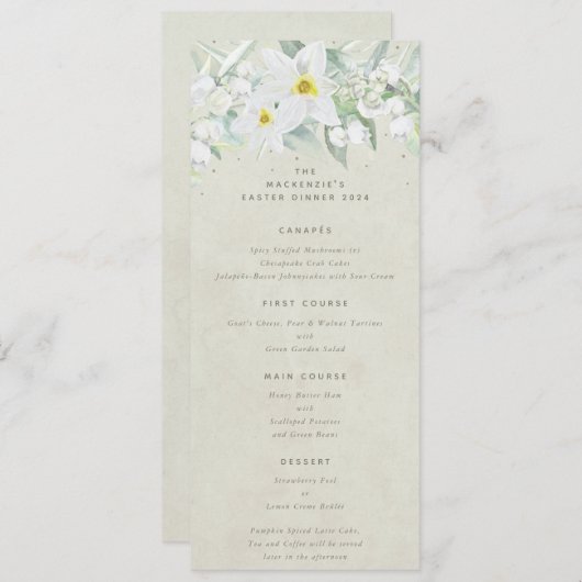 Cream White Spring Florals Flat 4 gangen Pasen Menu (Voorkant / Achterkant)