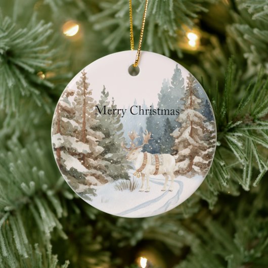 Cream White Stripes Deer Christmas Trees Keramisch Ornament (Boom)