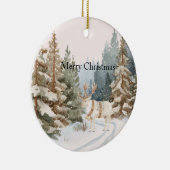Cream White Stripes Deer Christmas Trees Keramisch Ornament (Rechts)