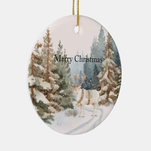 Cream White Stripes Deer Christmas Trees Keramisch Ornament (Rechts)