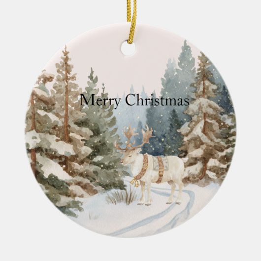 Cream White Stripes Deer Christmas Trees Keramisch Ornament (Voorkant)