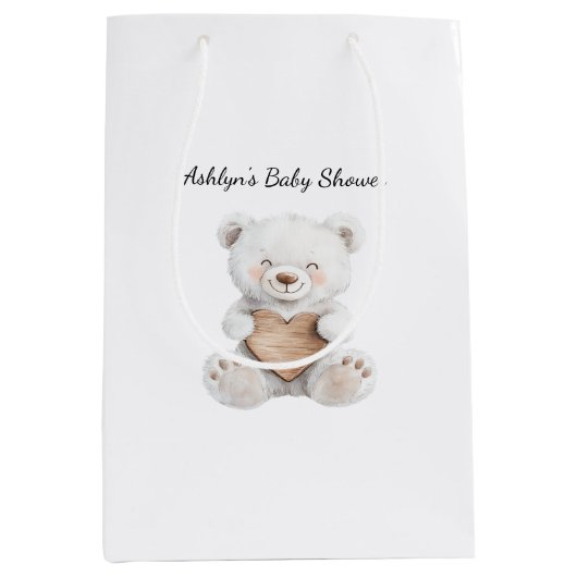 Cream White Teddy Bears Hearts Baby Shower Medium Cadeauzakje (Voorkant)