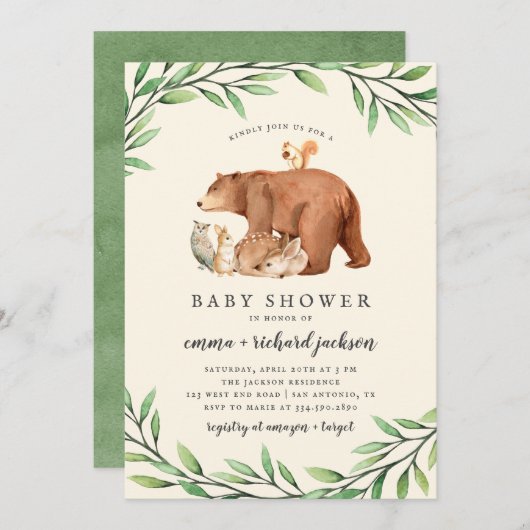 Cream Woodland Greenery Forest Animals Baby shower Kaart (Voorkant / Achterkant)