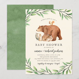 Cream Woodland Greenery Forest Animals Baby shower Kaart