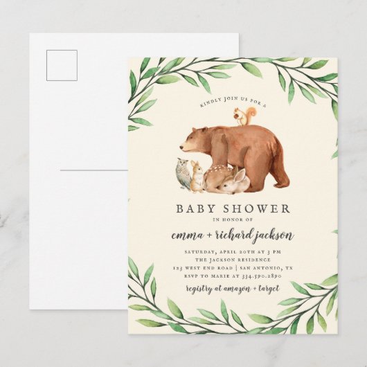 Cream Woodland Greenery Forest Animals Baby shower Uitnodiging Briefkaart (Voorkant / Achterkant)